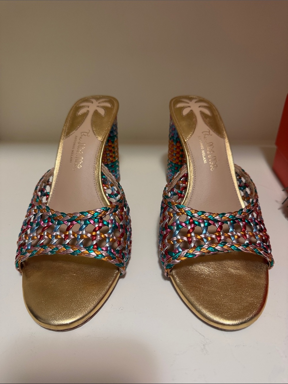 ANTONIO MELANI Gold Multicolor Woven Slide Sandals